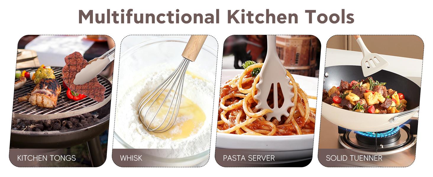 【Holiday Deals】12 Pcs Kitchen Utensils Set, 446°F Heat Resistant Silicone Cooking Utensils Set, Non-Toxic Wooden Utensil Set, Kitchen Gadgets Tools Set for Nonstick Cookware, Kitchen Accessories, Khaki