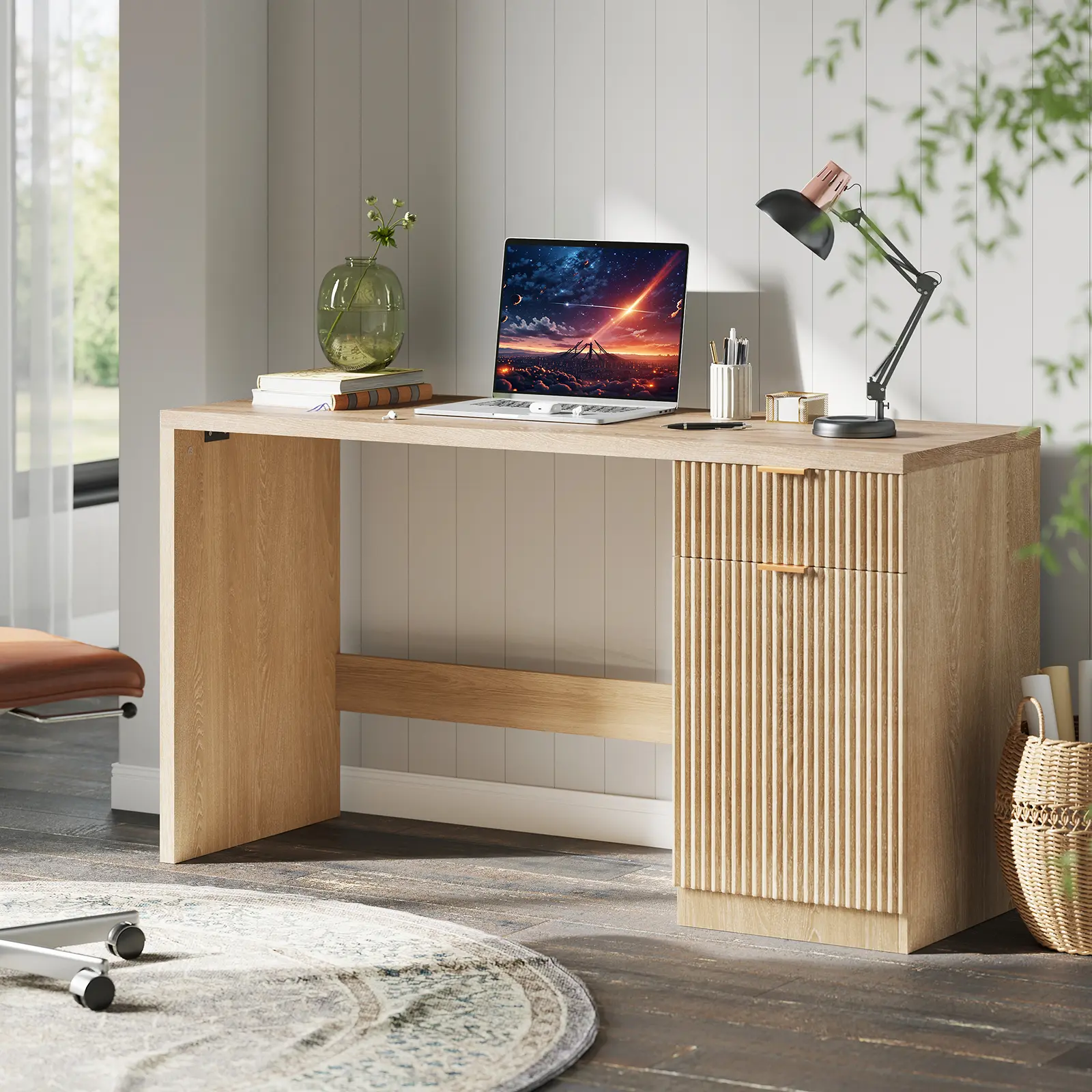 Modern Executive Wood MDF Board Workstation - 152cm Wide Sturdy Computer Desk with Storage Drawer Platform, Cabinet, Groove Detail - Adjustable Multi-Function Home Office Desk for Commercial Office, Study Setup, Home Office Desks, Wood Workstation
