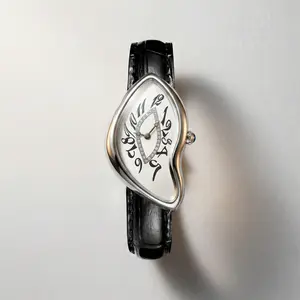 [Mother's Day Gift] Women's Creative Asymmetrical Watch Unique Melting Dial Design with Rhinestone Accents Analog Quartz Movement with Croco-Embossed Black Leather Strap Waterproof Fashion Art Dress Wristwatch Gift for Ladies