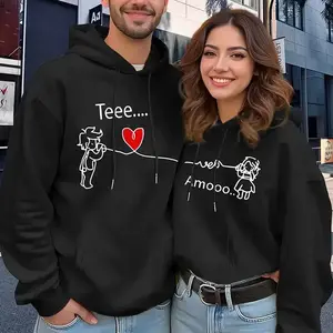 [Made in USA] Tee Yes Amoo Couple Hoodie, Cute Geometric Love Line Art Graphic Pullover Hoodie, Romantic Matching Couple Outfit Streetwear Hoodie, Minimalist Love Heart Hoodie, Anniversary Valentine Gift For Boyfriend Girlfriend