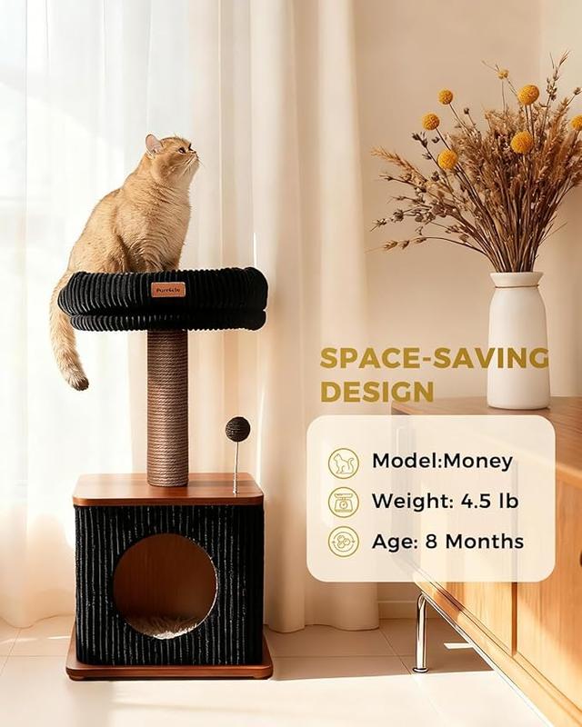 Cat Tree for Indoor Cats | Wooden Cat Tower with Sisal Scratching Posts, Padded Beds & Multi-Level Design（(Up to 10 lbs)）