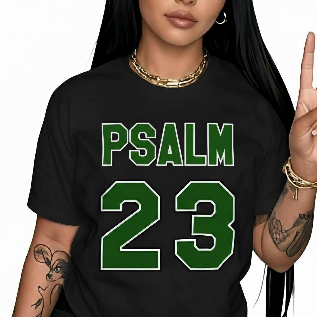 Women's Psalm 23 Jersey Premium T-Shirt - Cotton Casual Short Sleeve Crew Neck Top with Bold Green Lettering Soft Breathable Fabric for Holiday Parties and Gift Giving