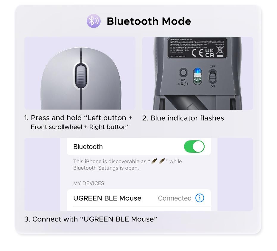 UGREEN  Wireless Bluetooth Mouse Laptop Mice Portable(BT5.0 and USB 2.4G) Dual Mode Connection Silent Slim Computer Mouse for Laptop/iPad Tablet/Apple MacBook/PC