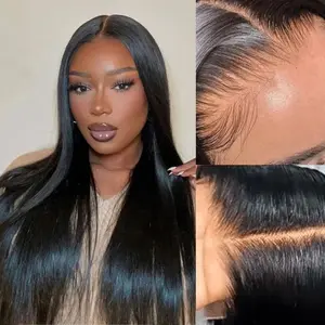 Glueless Wigs Human Hair Pre Plucked Pre Cut Lace Glueless Wig Wear and Go 180% Density 4×4 HD Lace Closure Wigs Human Hair 12A Straight Human Hair Wig Bleached Knots Natural Color