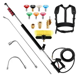 RIDGE WASHER 24 FT Telescoping Pressure Washer Wand, Power Washer Extension Wand with Brush, Telescopic Gutter Cleaner with 3 Stainless Steel Curve Wands, Adjustable Support Belt, 7 Nozzles, 4000 PSI