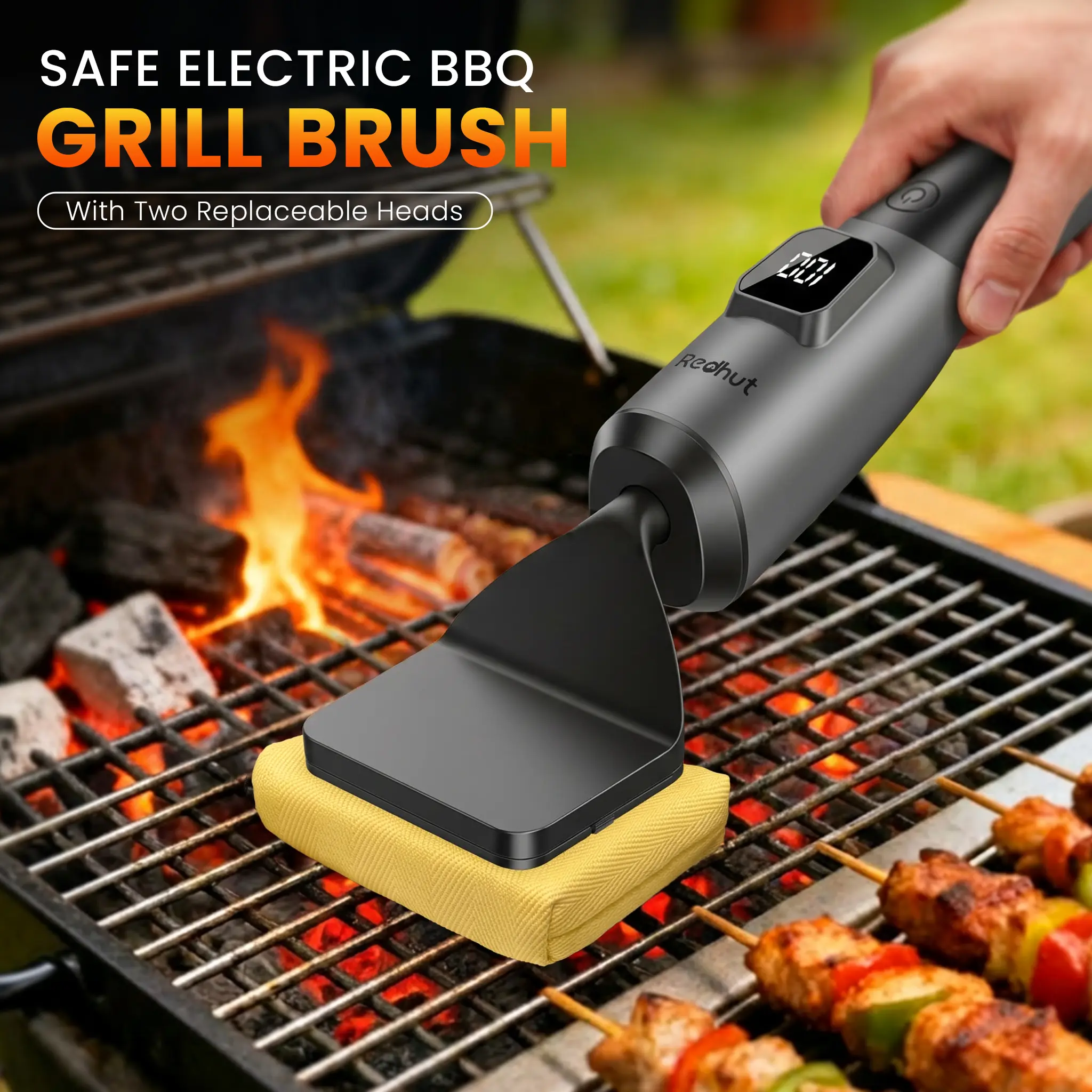 Redhut Cordless Electric Grill Brush Utensils - 2 Interchangeable 2 Heads Accessories (Fireproof Cloth, Shed-Free Steel Wool), 240-Min Runtime, High-Frequency Vibration, Strong Power, Deep Cleaning for Gas/Charcoal/Smoker Grates, Camping BBQ, Two Heads