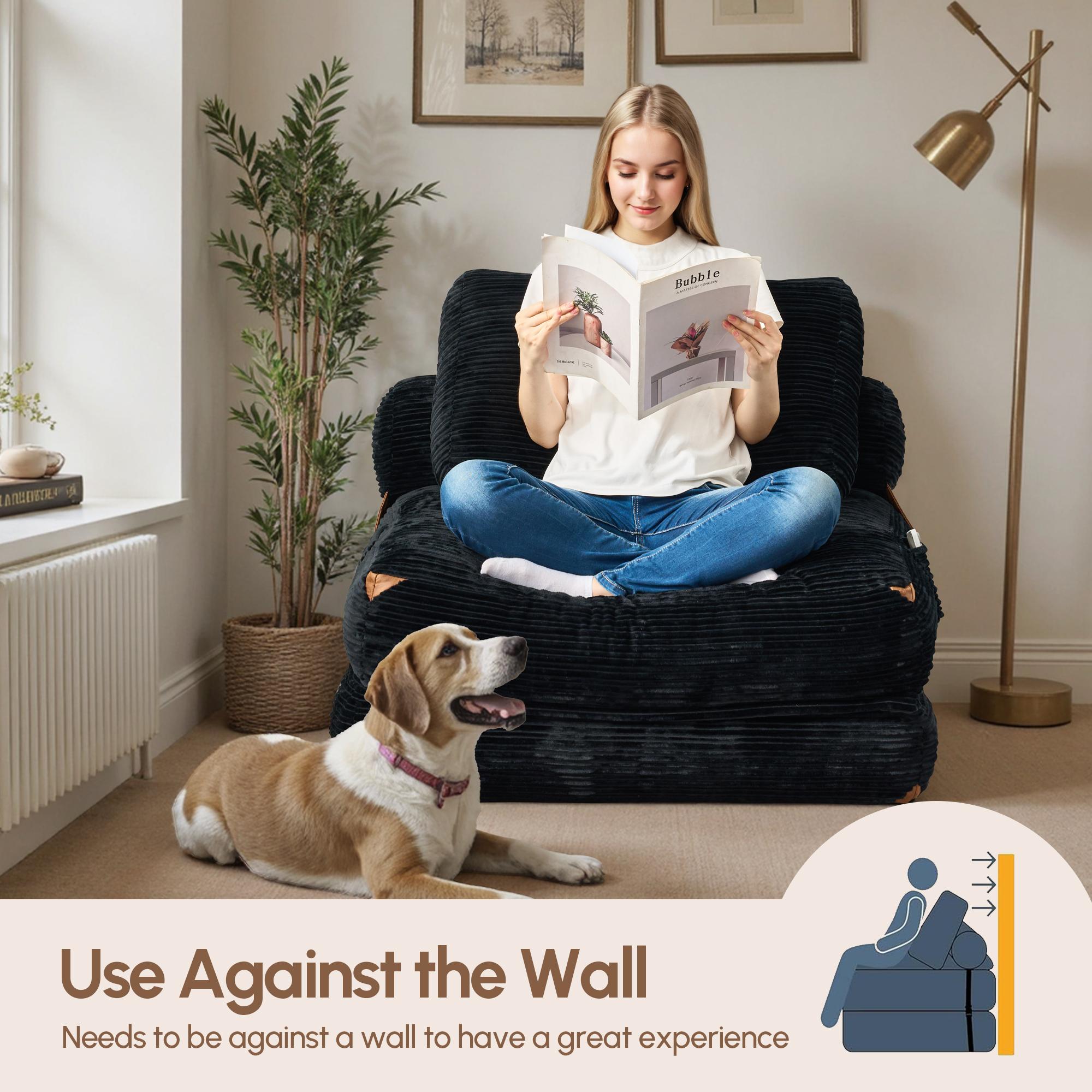 XIZZI 36" Foldable Boneless Lounge Sofa Bed, Corduroy Upholstered Sectional, Convertible Sleeper Chair with Pillow Foldable Mattress with Back Support, Portable Fold Out Chair Bed Comfy Floor Couch for Living Room Bedroom