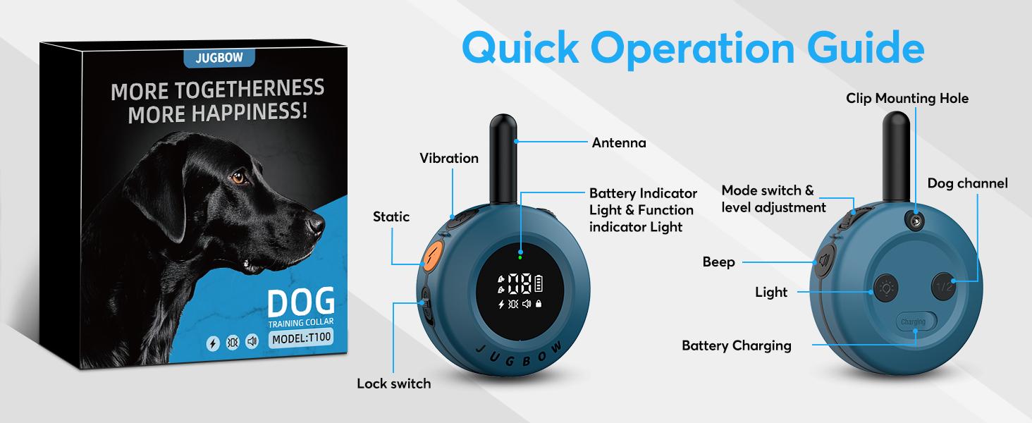 Jugbow Dog Training Collar - 3/4 Mile Dog Shock Collar with Remote for Large Medium Small Dogs, Rechargeable IPX8 Waterproof E-Collar with 99 Blunt Stimulation Levels, Tone or Vibration Mode, LED Light & Security Lock T-100