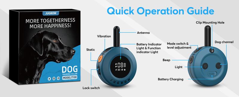 Jugbow Dog Training Collar - 3/4 Mile Dog Shock Collar with Remote for Large Medium Small Dogs, Rechargeable IPX8 Waterproof E-Collar with 99 Blunt Stimulation Levels, Tone or Vibration Mode, LED Light & Security Lock T-100