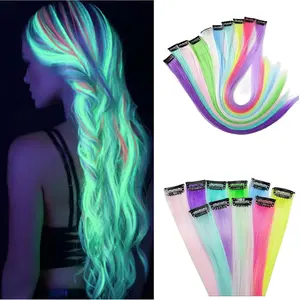 10 Pcs Glow in Dark Clip In Hair Accessories 22 Inch Colorful Synthetic Rainbow Extensions UV Reactive Straight for Women Party Use