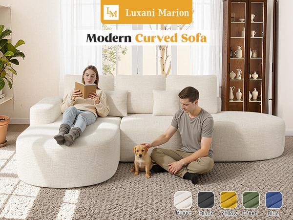 【2 Packages shipping】112" Modular Curved Cloud Couch, Oversized Couches for Living Room, Modern Boneless Sectional Sofa with Deep Seat, Chenille Foam Couch, No Assembly Required, Beige, 1PCS