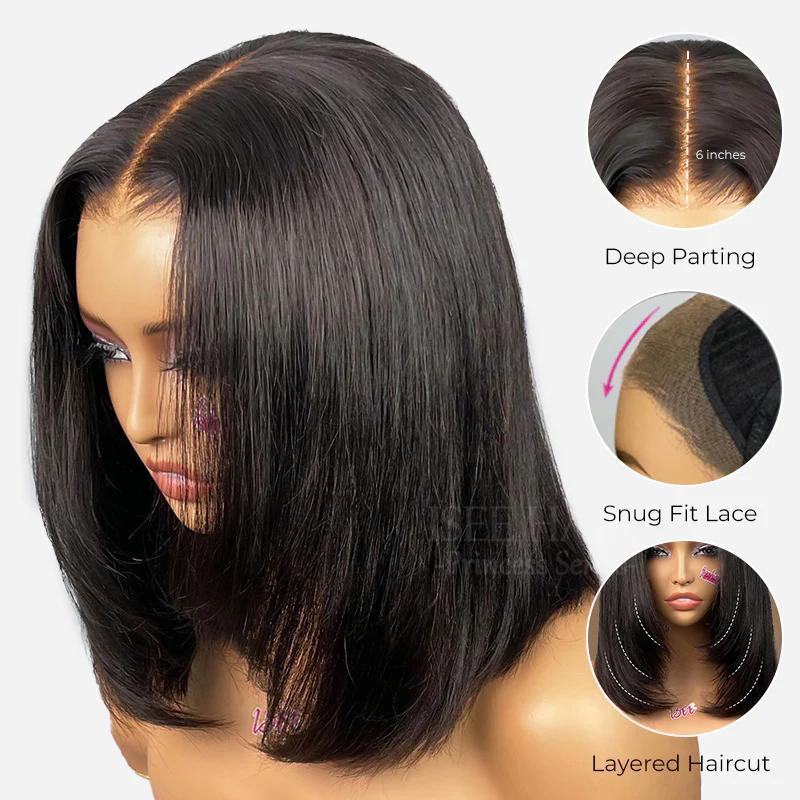 【Hot】ISEE HAIR Wear Go 9x6 Tpart Layered Cut Bob Yaki Straight Wig Natural Black Deep Part Lace Glueless Wig #iseehairbeauty#SpringStatements