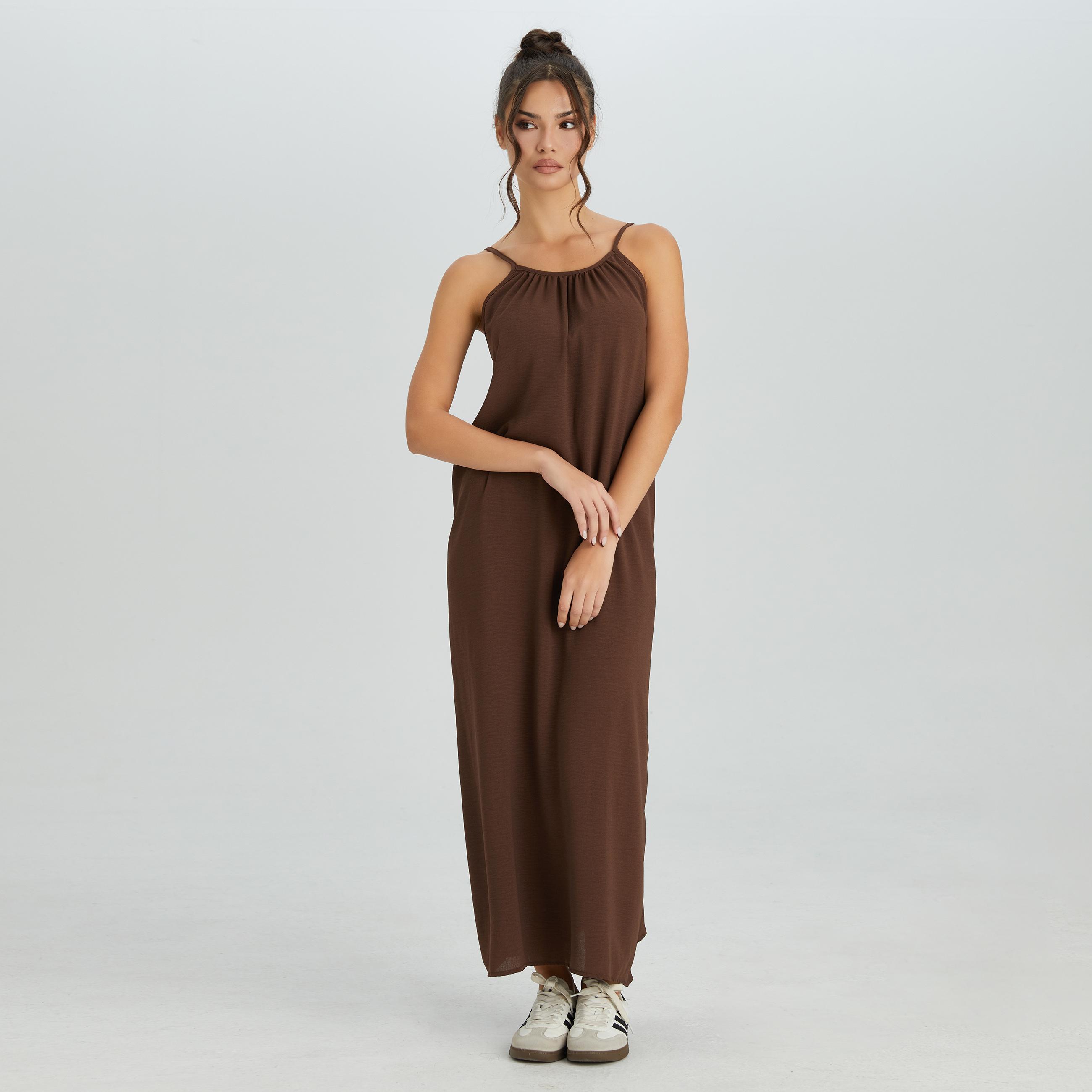 KatchMe Women's Breezy Solid Color Thin Strap Ruched Low Back Loose Maxi Dress, Elegant Adjustable Tie Backless Dress, Summer Sleeveless Women's Clothing for Beach