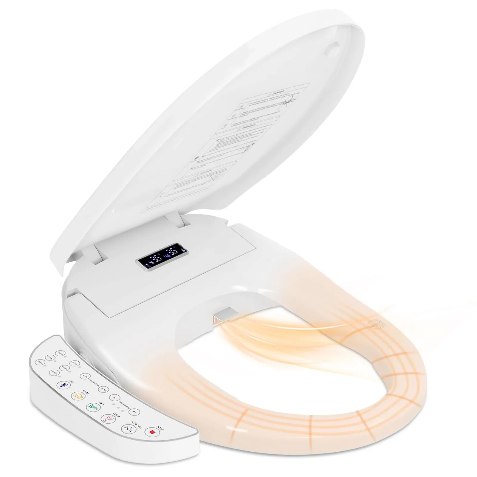 Smart Heated Toilet Seat for Short V-Shaped Toilets – Bidet Warm Water Wash, Self-Cleaning Nozzle, Warm Air Dryer, Deodorizer, Soft-Close Lid, LED Night Light & Touch Panel, Easy Install AS041