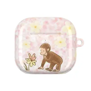 Cute Curious George Monkey AirPods Case - Pastel Flower Aesthetic Cover for AirPods Pro - Floral Monkey Cartoon Earbud Shell - Trendy Soft Girl Spring Accessory - Durable Shockproof Gift for Her