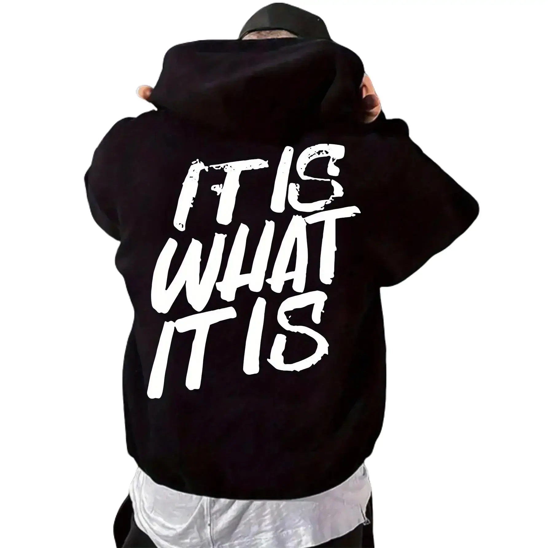 Men's 'It Is What It Is' Cartoon Graphic Hoodie Sweatshirt Top - Poly-Cotton Blend Menswear, Casual Longsleeves Pullover, Kangaroo Pocket, Soft Breathable, Fitted, Quick On/Off, Regular Length