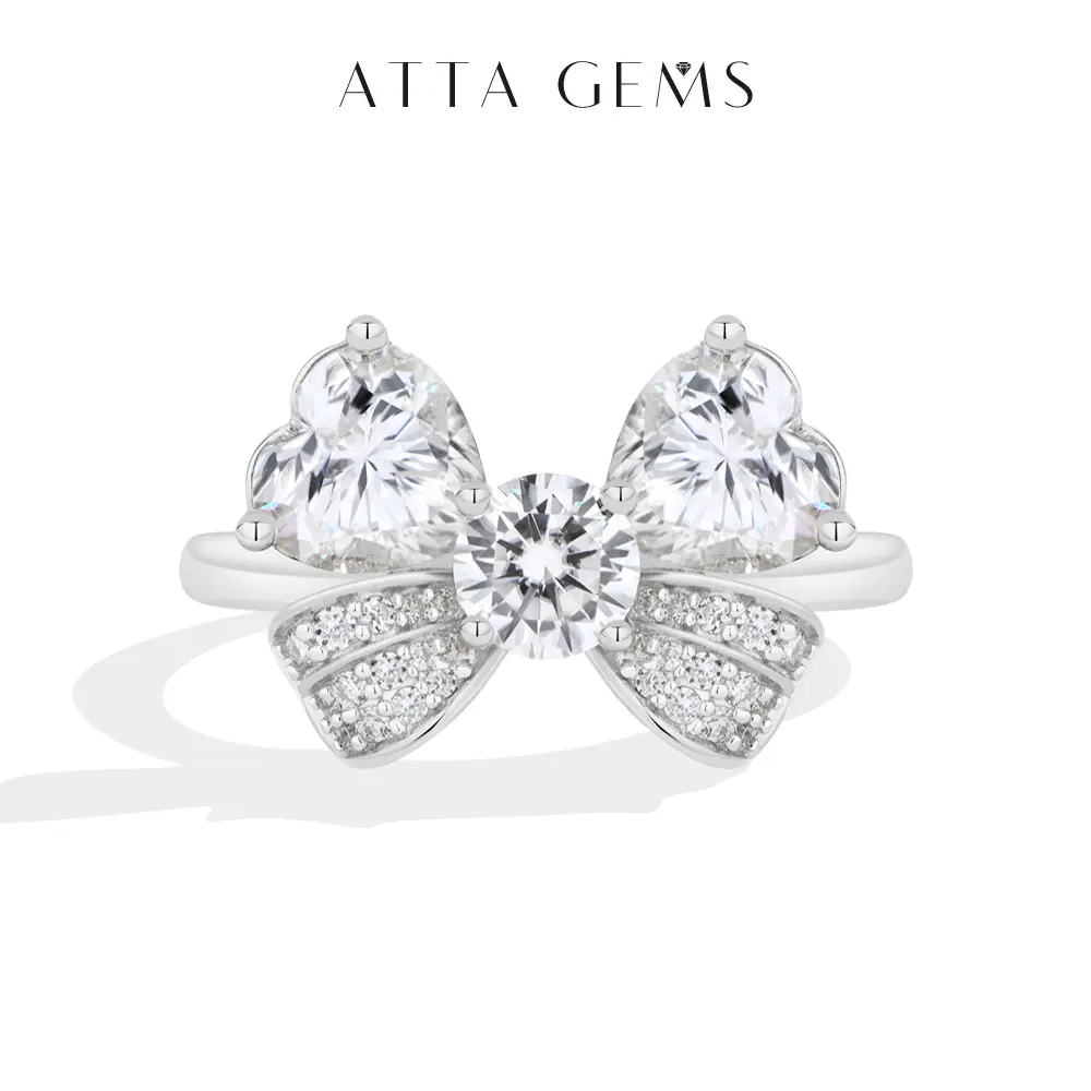 ATTAGEMS 925 Sterling Silver Unique Bow Shape Women's Ring, 1CT*2 Heart Cut & 0.5CT Round Cut Lab-Grown Moissanite, Heart Shaped Ring, Engagement Wedding Promise Fine Jewelry R423, Engagement Wedding Rings