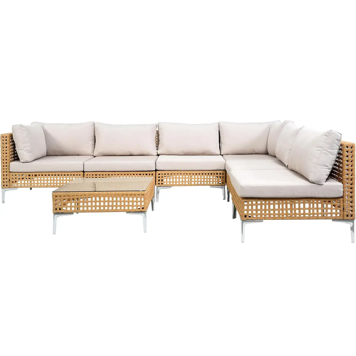EortheX 7-Piece Handwoven Outdoor Wicker Sectional Sofa Set - Rugged Outdoor Furniture Set with 4 Armless Chairs, 2 Corner Chairs, Coffee Table, Cushions, Pillows, All-Weather PE Rattan for Backyard, Deck, Rugged Outdoor Furniture Sets