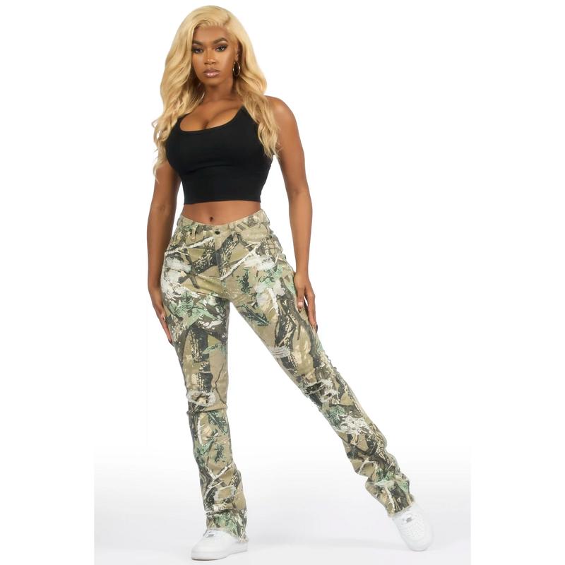 Kelle Tree Camo Rhinestone Stacked Jean