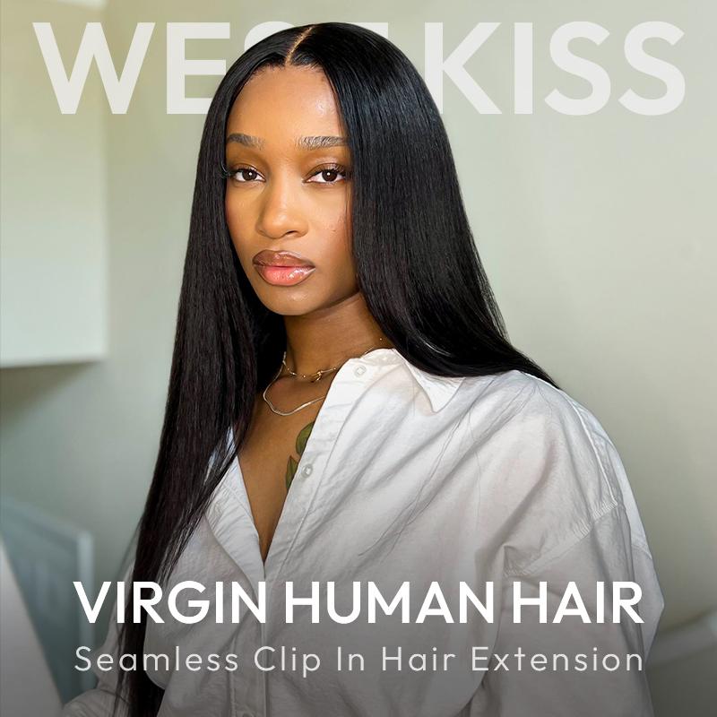 [New IN] West Kiss Seamless Clip In Hair Extensions 100% Virgin Human Hair Straight, Yaki Straight Clip In Hair Extensions