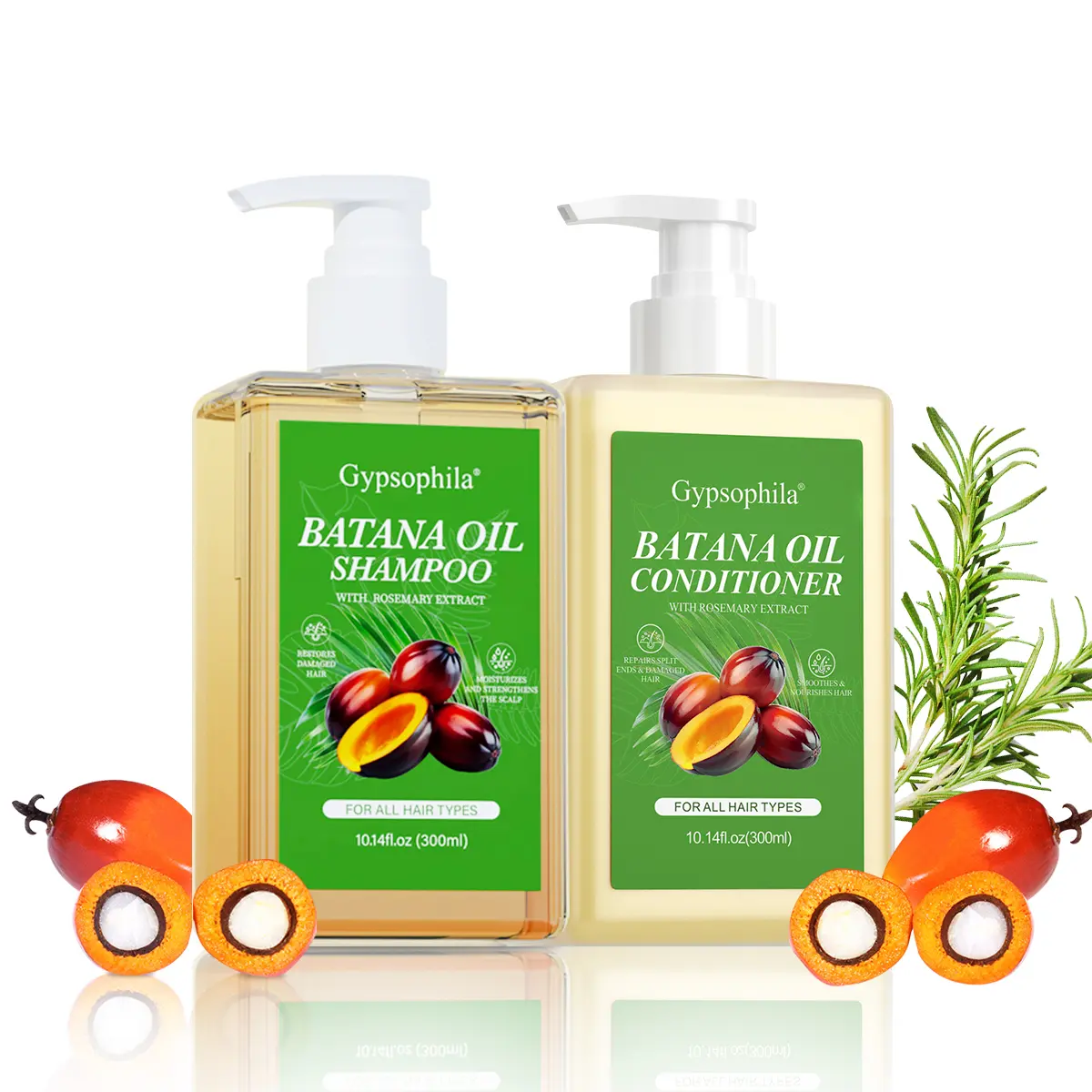 Gypsophila Batana Oil Hair Cleanser & Conditioner Set (2 x 10.4 fl oz/300ml) - Daily Gentle Hydrating-Moisturizing Duo with Rosemary Extract, Cleansing, Anti-Frizz, Frizz Control, Repairs, Smooths, Adds Shine and Volume for Fuller Hair, All Types, Nourish