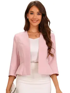 INSPIRE CHIC Elegant Blazer for Women's Open Front Collarless 3/4 Sleeve Peplum Business Work Suit Jacket