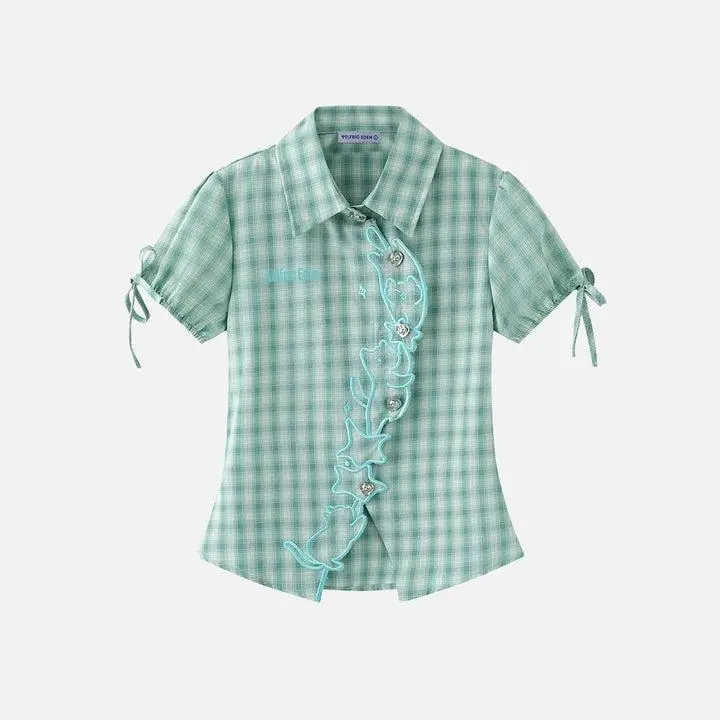Aelfric Eden Plaid Cat Short Sleeve Shirt Cat Embroidery Placket Tie Puff Sleeves Waist-Cinching Silhouette Breathable Lightweight Fabric Sweet Girly Summer Top,clothes for back to school,first day of school outfits