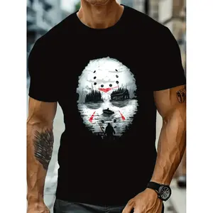 Men's Black 'Friday The 13th' Horror Movie Graphic T-Shirt - Short Sleeve, Round Neck, Cotton Tee with Jason Voorhees Mask Print, Street Style Summer Top for Men, Street Style Clothing | Horrorthemed Attire | Comfortable Fit, Horr