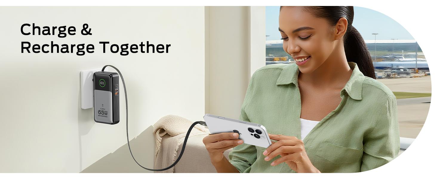 MOVE SPEED 3 in 1 Portable Phone Charger, 10000mAh 35w /20000mAh 65W GaN Battery Pack with Built-in Retractable 2.3ft USB-C Cable and Foldable Wall Plug, Travel Power Bank for iPhone 16/15 Series, Galaxy