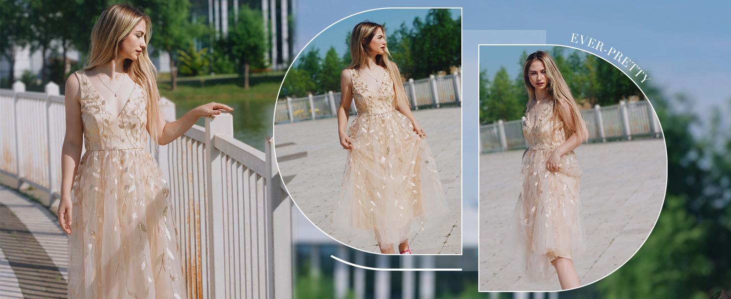 Ever-Pretty V-Neck Leaf Sequined Sleeveless A-Line Midi Wedding Guest Party Date Dress 02106