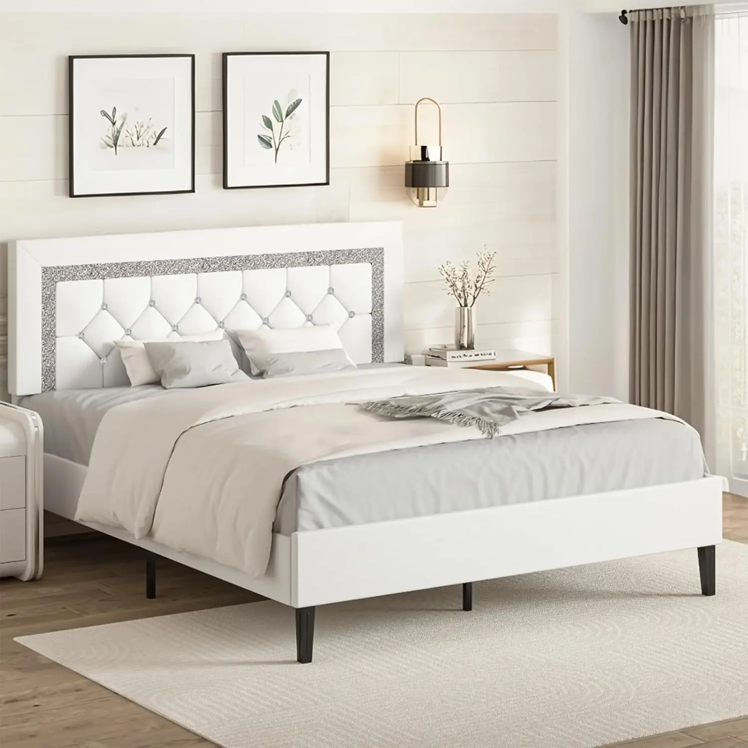 [SummerSale] HOMBCK Diamond Bed Frame, No Mattress, with Tufted Button Headboard, Wood Slat Support, No Box Spring Needed, Easy Assembly #home essentials#back to school