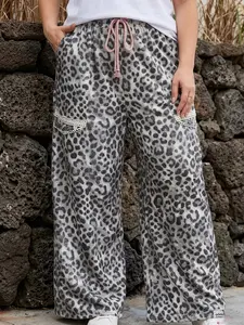 Khaki Plus Size Leopard Print Raw Edge Patch Pocket Drawstring Loose Pants.