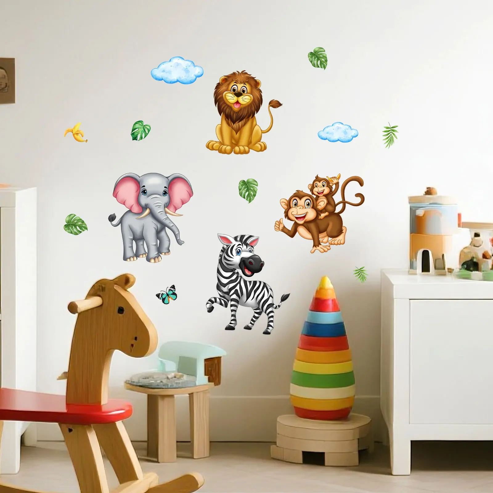3PCS 30 x 90cm Jungle Animal, Plant, Sun, Cloud and Butterfly Self-Adhesive Wall Stickers, Decorative Wall Decals, Nursery Wall Decor for Bedroom Background Wall Home Decor (M16016-YJ)