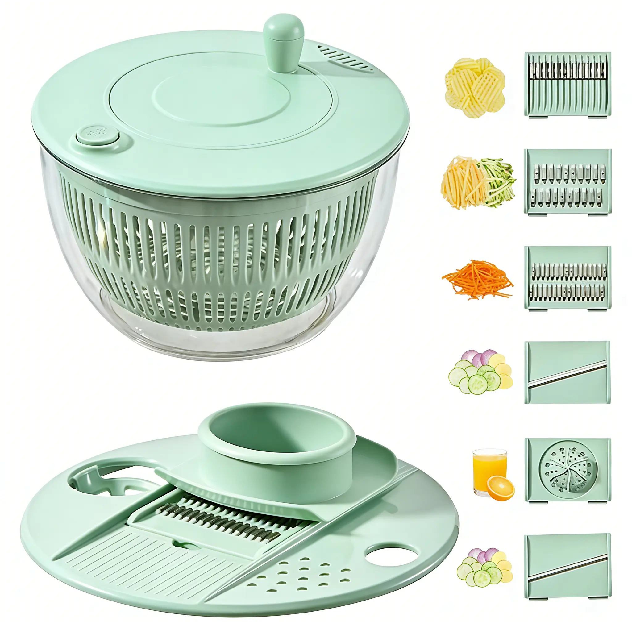 UFORU 3-in-1 Durable Large Salad Spinner Kit - 5.3 Qt Kitchen Salad Bowl with Strainer, Lid, Garlic Blade, Vegetable Cutting Slicer, Egg Yolk Strainer, Spiralizer, Basket for Family Juicing, Party Dishes Prep