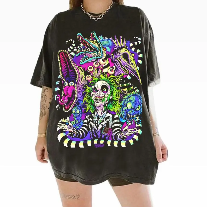 BeetlejuIice Horror Graphic Tee, Neon Vintage Movie T-Shirt, Oversized 90s Grunge Streetwear Top, Gothic Halloween Shirt Unisex, Movie Fans Gift Menswear Top