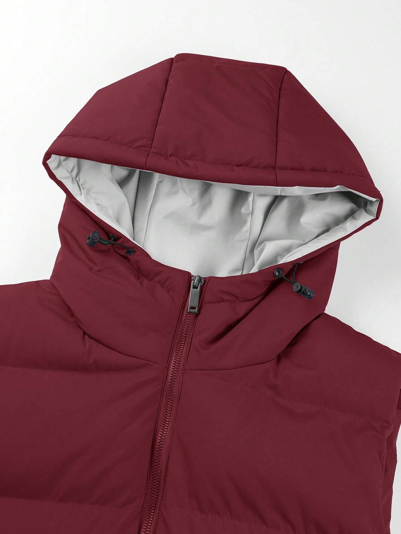 Men's Padded Hooded Vest, Casual Sleeveless Plain Polyester Top, Fitted Style with Adjustable Drawstrings and Red Zipper, Machine Washable, Tops, Pull On, Overall, Hood Fits Your Size, Simple Style, Easy To Style