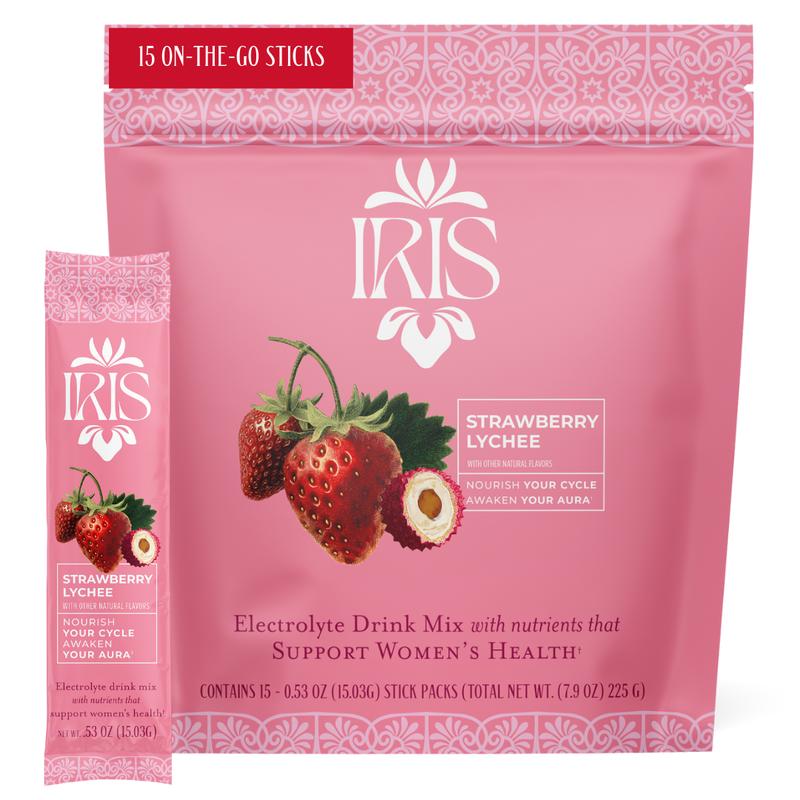 IRIS Strawberry Lychee Hormone Health Electrolyte Drink Mix 15 On-The-Go Sticks Variety Pack for PCOS Support Ovarian Function with 40:1 Myo D-Chiro Inositol Magnesium Prebiotic Fiber