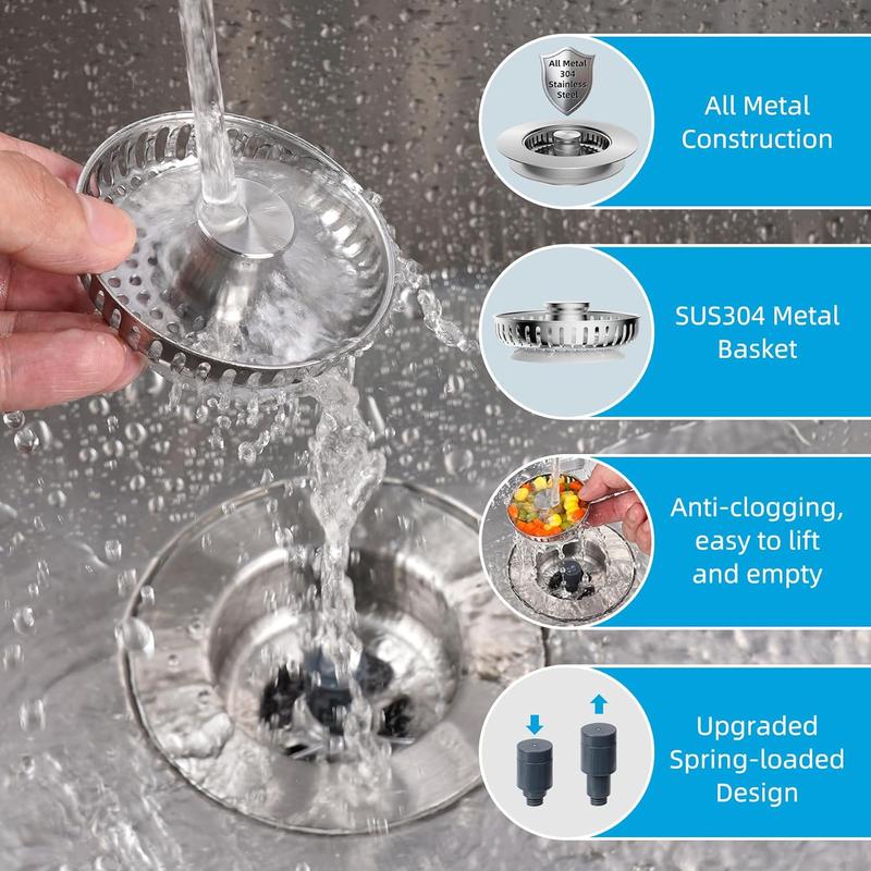 3-in-1 Kitchen Sink Drain Strainer, Stainless Steel Sink Plug, Deodorizing Anti-Clog Basket Strainer for US Standard 3-1/2 Inch Drains