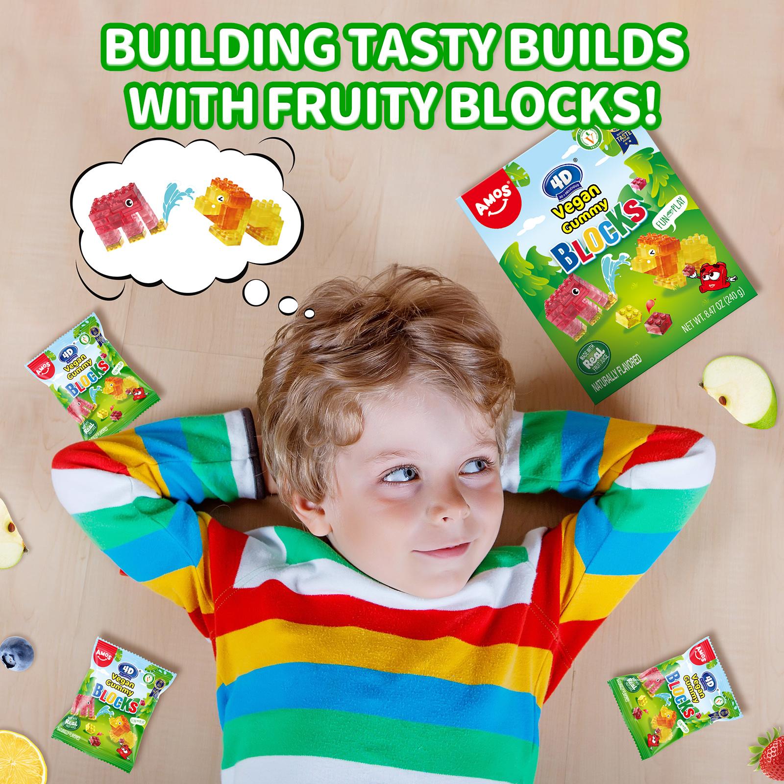 Amos Vegan Gummy Blocks - Watermelon, mango, pineapple and strawberry Flavors - 4D  Gummy Building Kit - 6 Resealable Packs - 8.47oz Total - Fun Healthy Snack