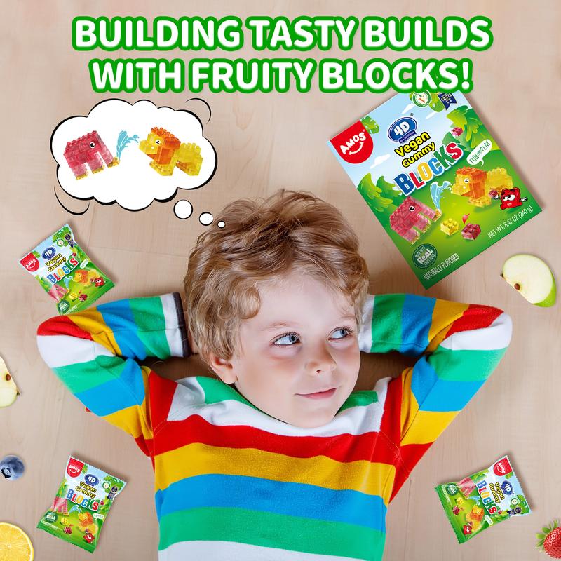 Amos Vegan Gummy Blocks - Watermelon, mango, pineapple and strawberry Flavors - 4D  Gummy Building Kit - 6 Resealable Packs - 8.47oz Total - Fun Healthy Snack