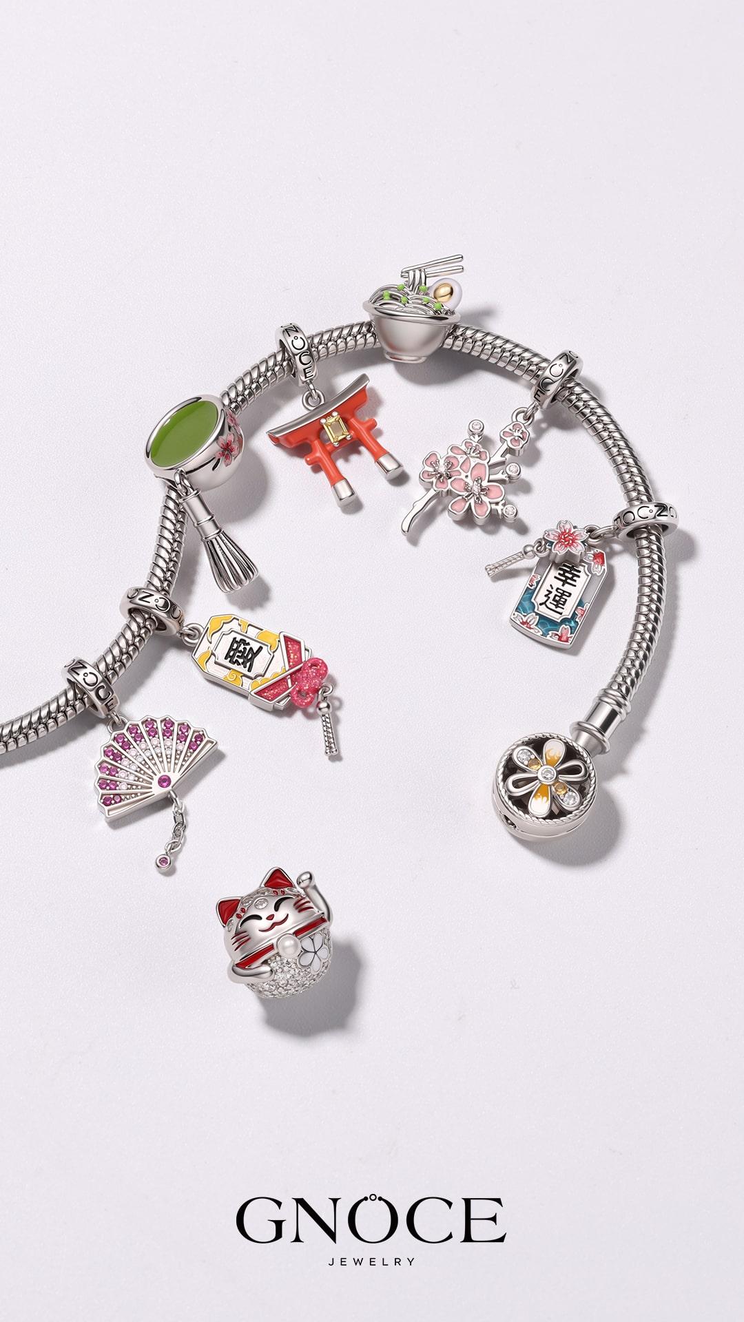 GNOCE Japanese Charm Bead for Bracelets & Necklaces - Cubic Zirconia, Enamel, Lucky Cat, Torii Gate, Sakura Flower, Fits Snake Jewelry, Women & Girls GNOCE Japanese Charm Bead for Bracelets & Necklaces - Cubic Zirconia, Enamel, Lucky Cat, Torii Gate, Sakura Flower, Fits Snake Jewelry, Women & Girls