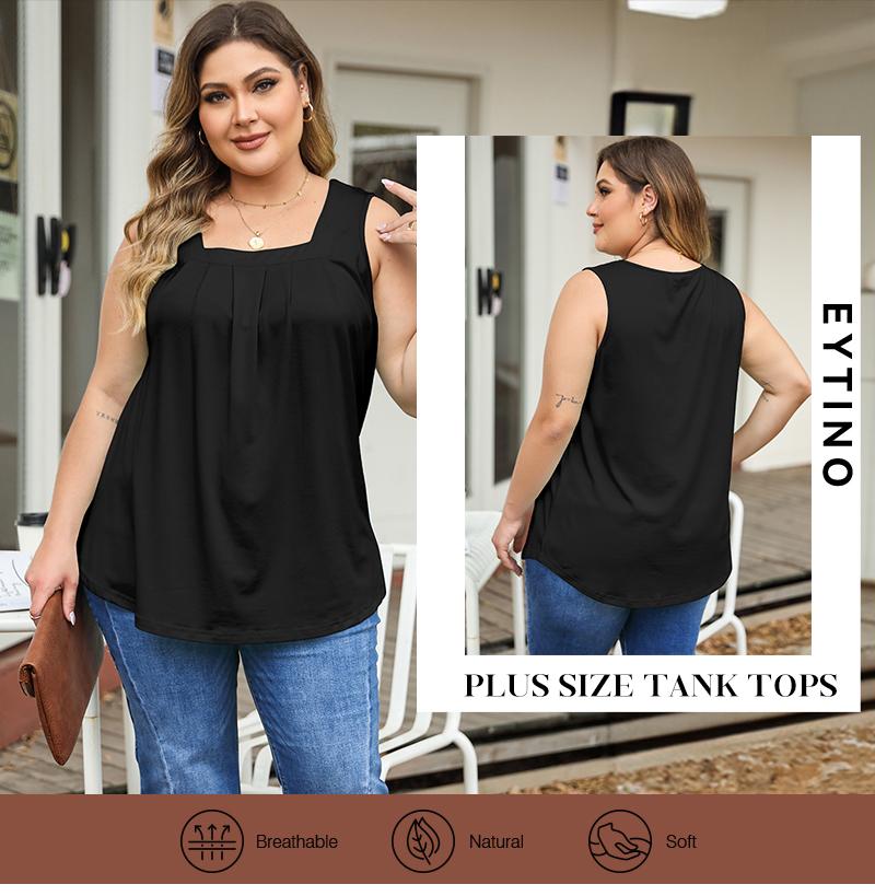 Eytino Women Plus Size Tank Tops Summer Casual Square Neck Pleated Sleeveless Blouse Shirts(1X-5X)