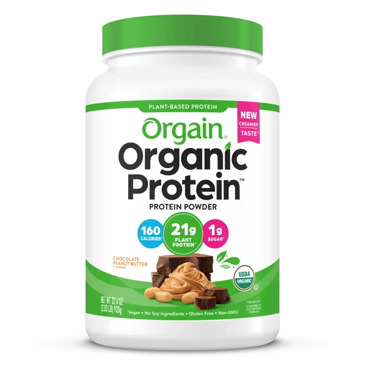 Orgain Organic Plant-Based Protein Powder, Chocolate Peanut Butter, 21g Protein, 6g Fiber, USDA Organic