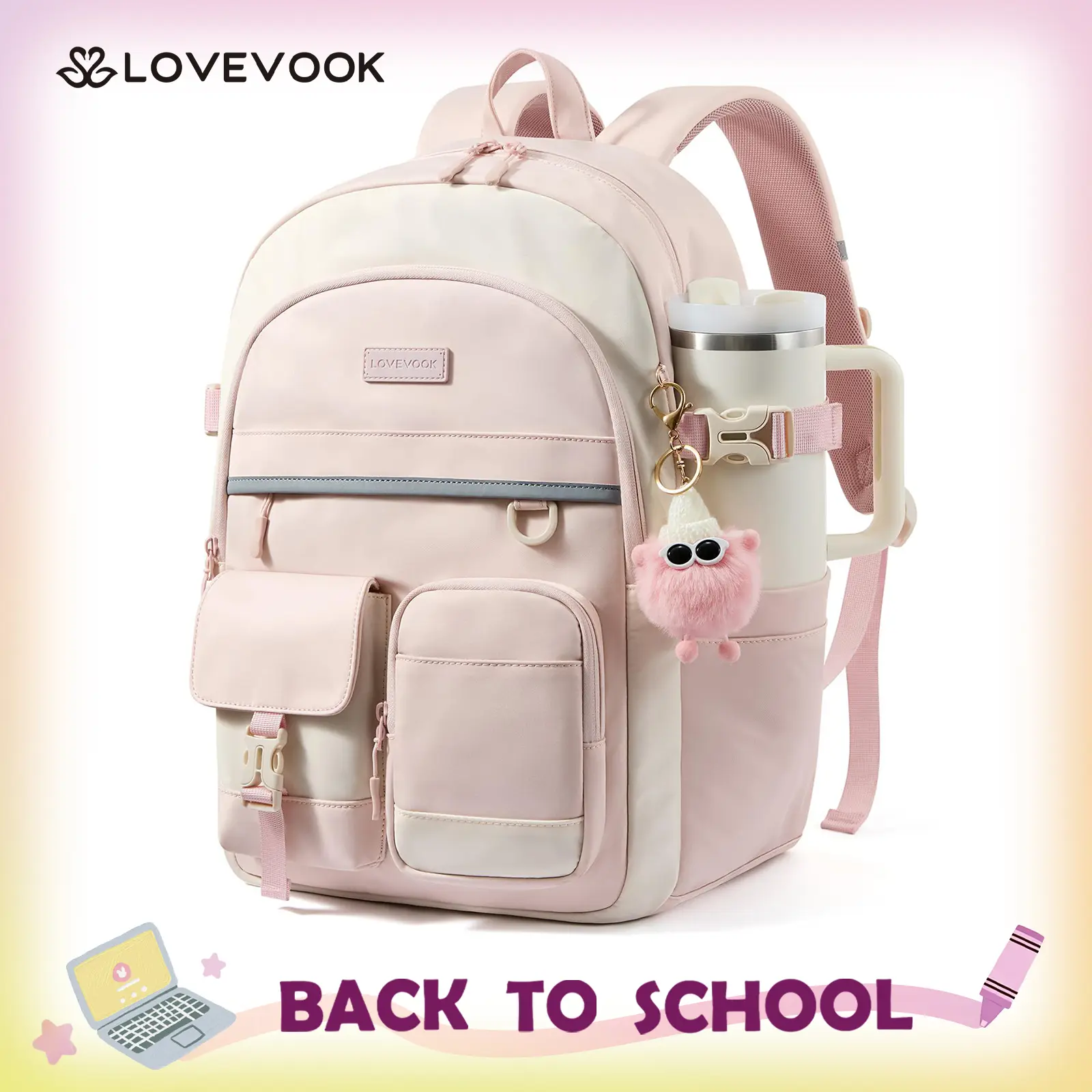 LOVEVOOK School Backpack for Teen Girls, Student Backpack Purse for 8-16 Teenage, Cute Kid Bookbag with Large Cup Holder, Back to School Backpacks Fit 15.6 Inch Laptop, Large College Travel Bag Gift