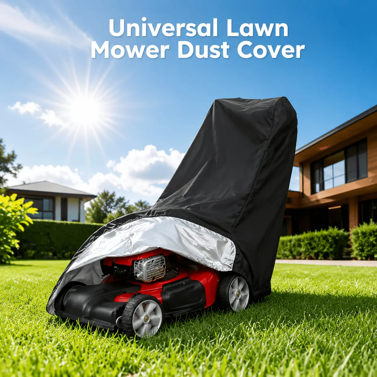Durable waterproof lawn mower cover — UV-resistant 280D Oxford cloth with secure drawstring and storage pocket; suitable for outdoor use; black; all-season cover; versatile garden cover; durable Oxford fabric; lawn mower accessories