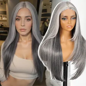 KOME Grey Synthetic Lace Front Wig,T Part Pre Cut Glueless Long Straight Layered Wigs for Women Cosplay Daily Use 26IN