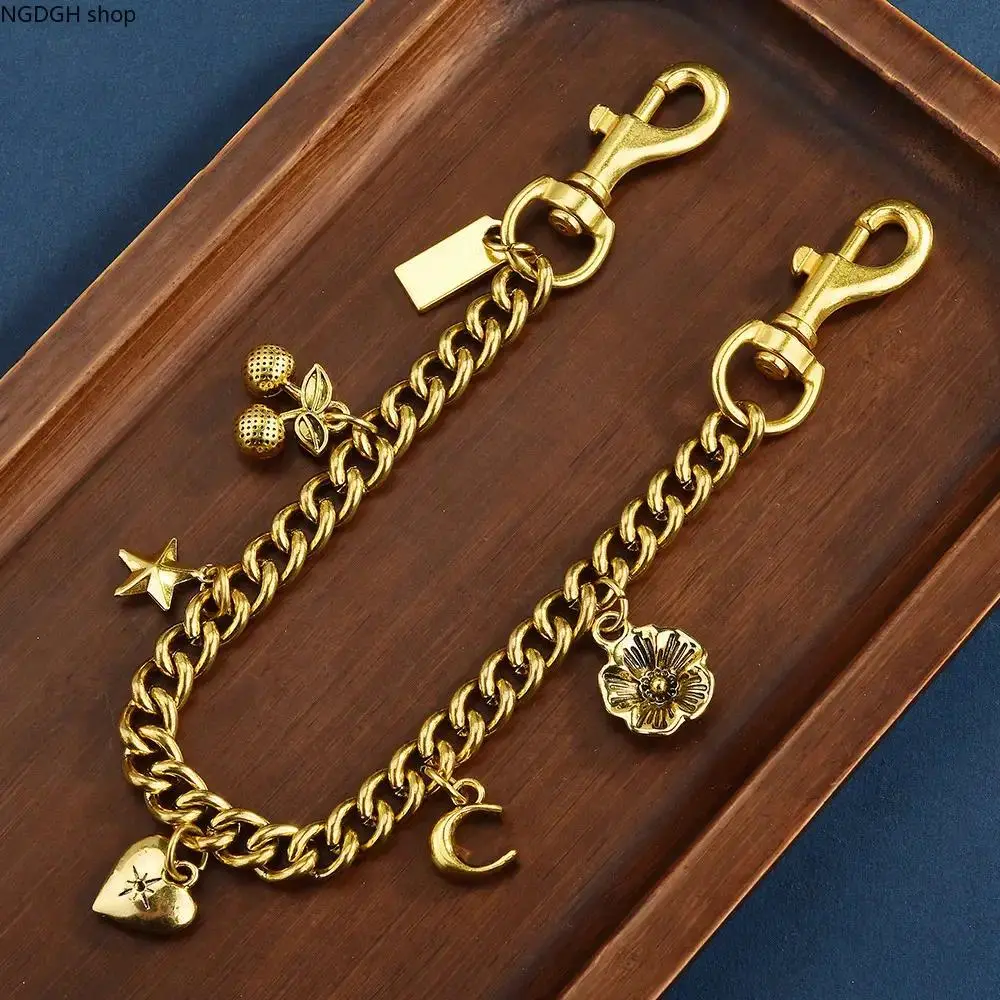 Vintage Gold Chunky Purse Chain with Star, Moon & Cherry Charms, Retro Y2K Handbag Accessory, Aesthetic Bag Decoration for Crossbody & Shoulder Bags, Perfect for Customizing Your Daily Outfit