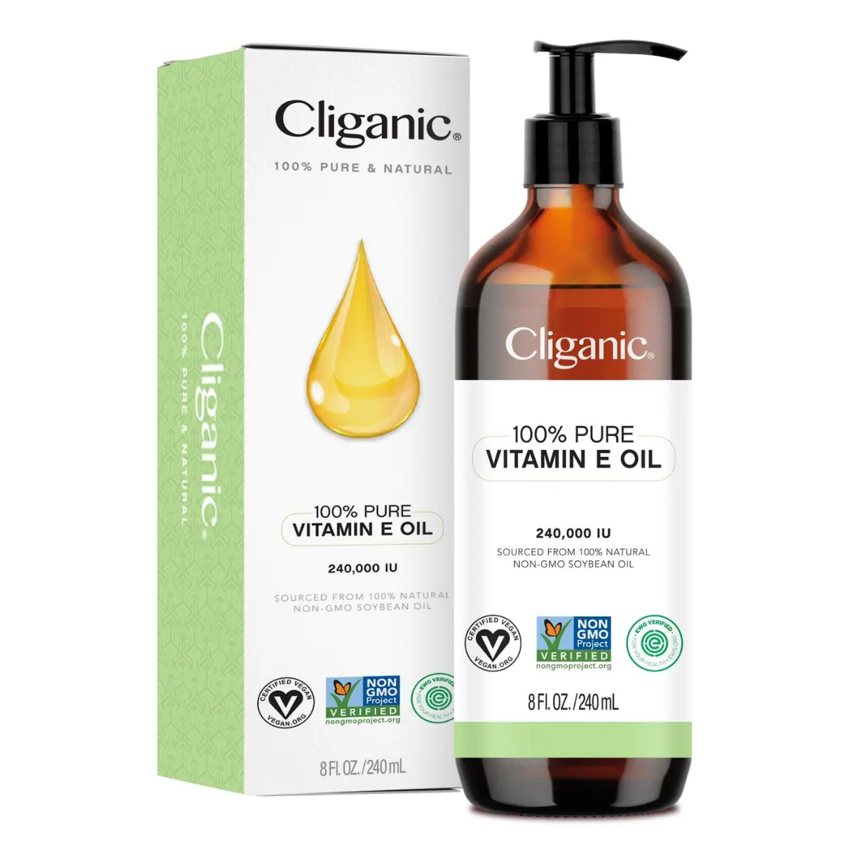 Cliganic Pure D-Alpha Tocopherol Vitamin E Oil, 240000 IU, 8oz Non-GMO Verified Body Oil for Skin & Hair