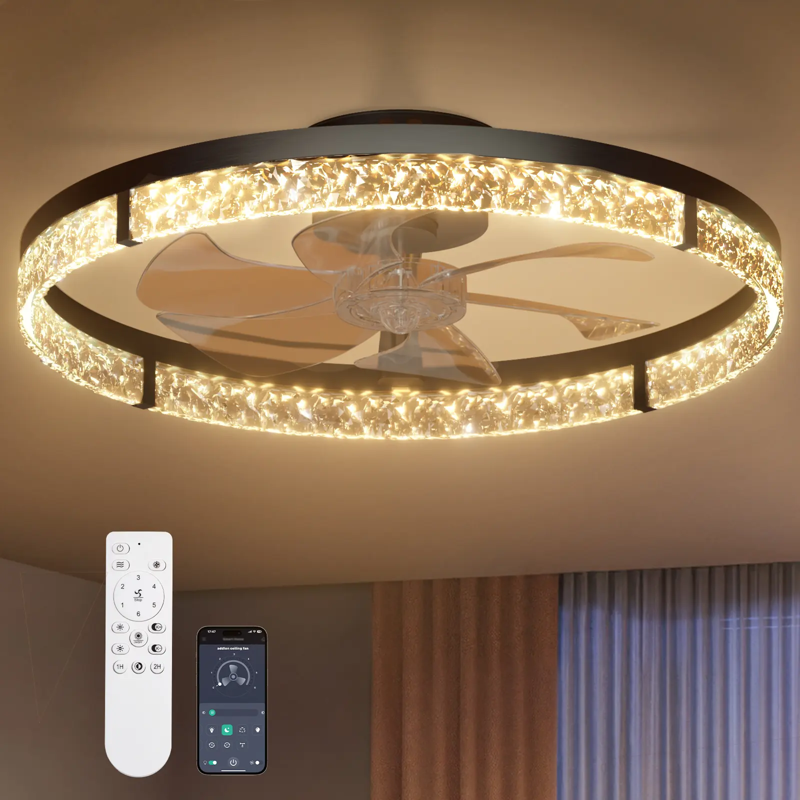 24" Ceiling Fan With Light And Remote - Low Profile Flush Mount, 3CCT Dimmable LED, 6-Speed, 300-3000LM, 3000-6000k Quiet Reversible Motor, Modern Fandelier For Bedroom Decor, Kitchen, Living Room