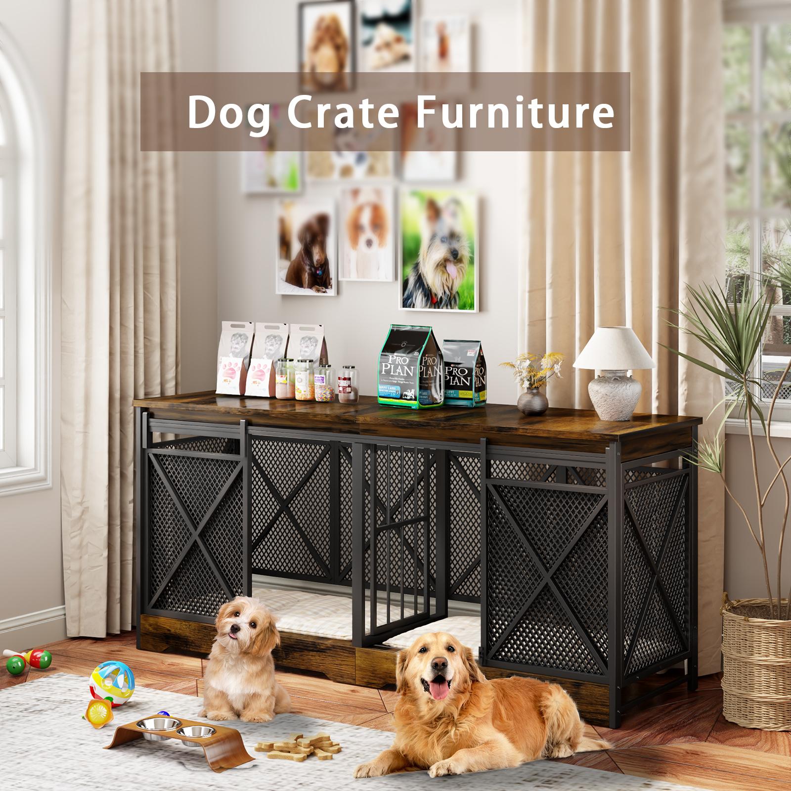 COZPAW 78" Double Dog Crate Furniture for 2 Dogs,Extra Large Furniture Style Dog Kennel,Heavy Duty Wooden XL Dog Cage with Removable Divider,Pet Cage TV Stand & Side Table (White Brown)